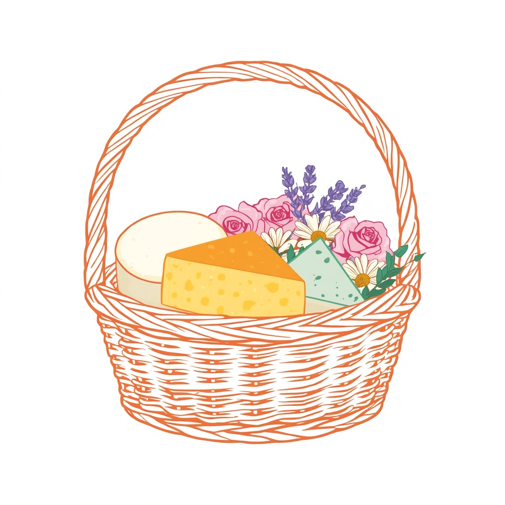 Корзины с сырами и цветами