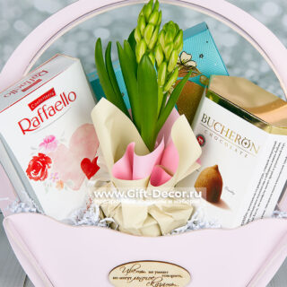 Подарок на 8 марта «Облако нежности» с Raffaello и живым гиацинтом | Корзина с Комильфо и Boucheron | Gift-Decor.ru Подарок на 8 марта «Облако нежности» с Raffaello и живым гиацинтом | Корзина с Комильфо и Boucheron | Gift-Decor.ru