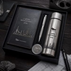 Gift set for Metallurgist Day 2026: engraved leather notebook, metal pen, stainless steel thermos, and commemorative coin in a box.