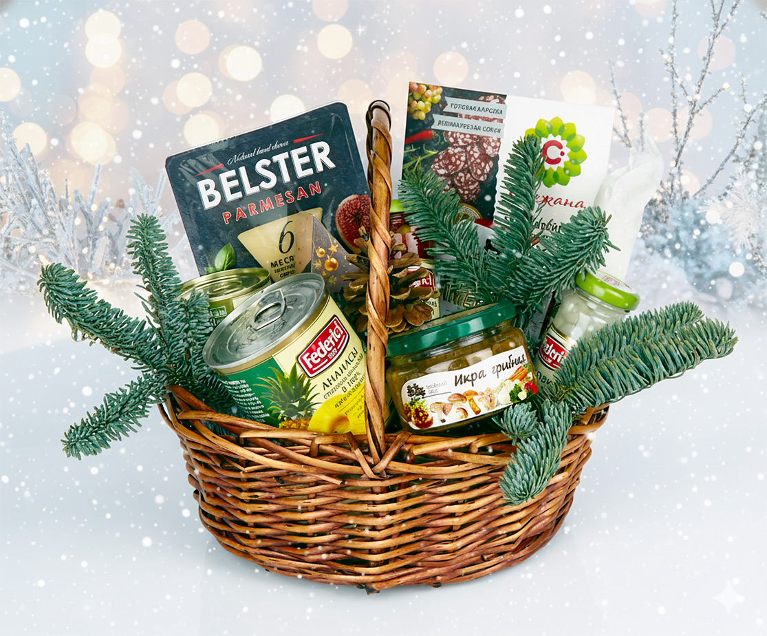 Продуктовая корзина Ананас в сиропе с сырами и мясными деликатесами