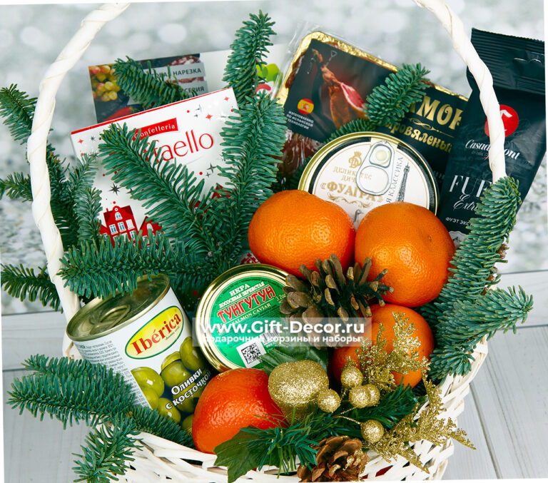 одарочная корзина «Мороз» с икрой и мандаринами – Создайте атмосферу волшебного праздника!
