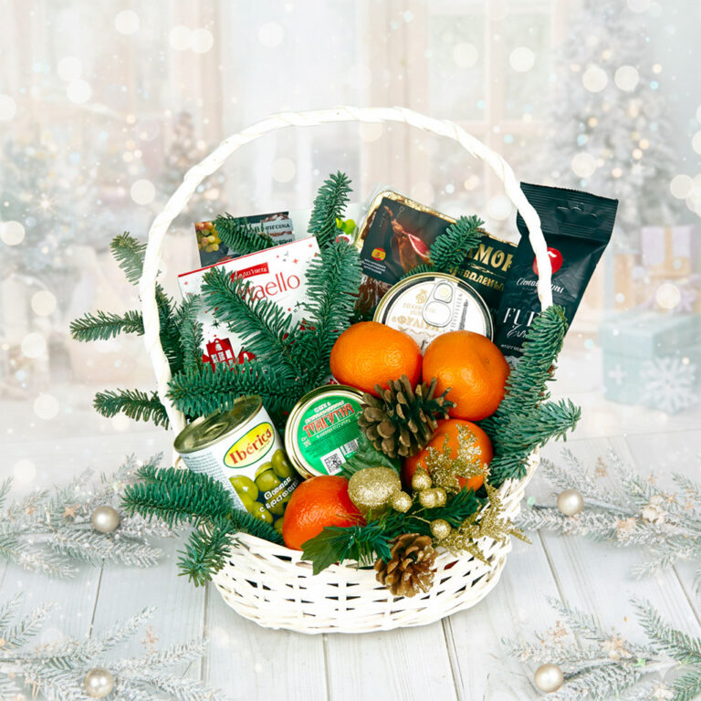 одарочная корзина «Мороз» с икрой и мандаринами – Создайте атмосферу волшебного праздника!
