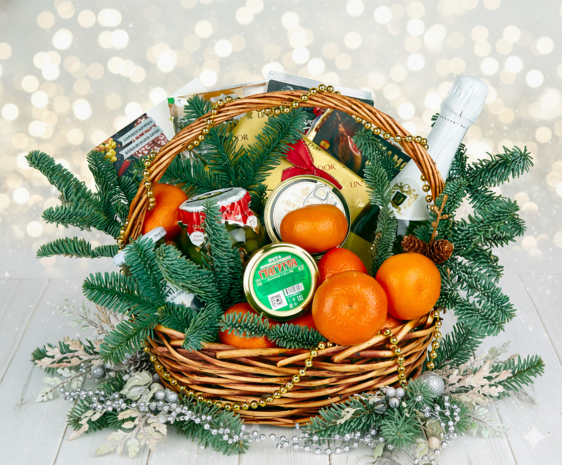 Роскошная новогодняя корзина с гастрономическими деликатесами: икра, паштет фуа-гра, мясные нарезки