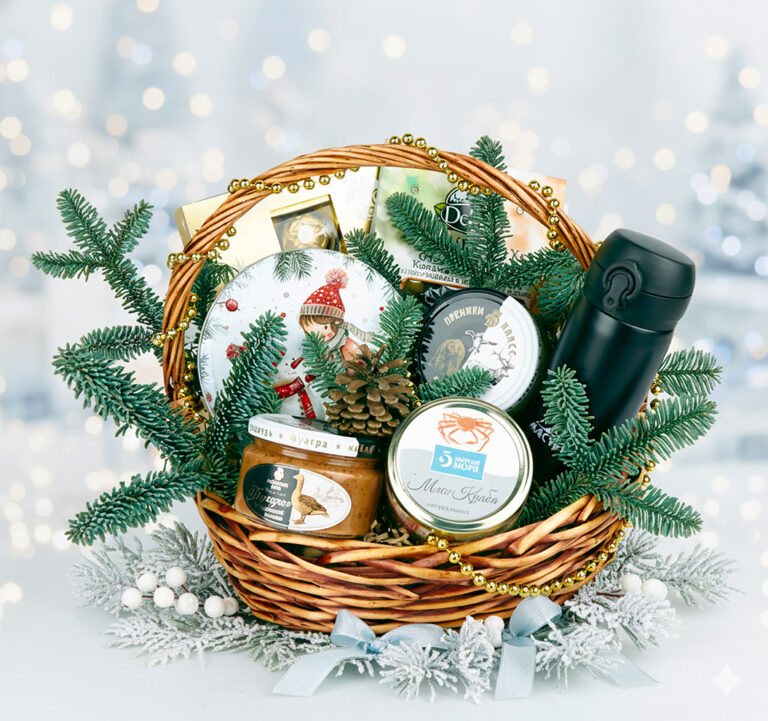 Новогодняя корзина «Тепло» с термосом и деликатесами | Подарок на Новый год | Gift-Decor.ru