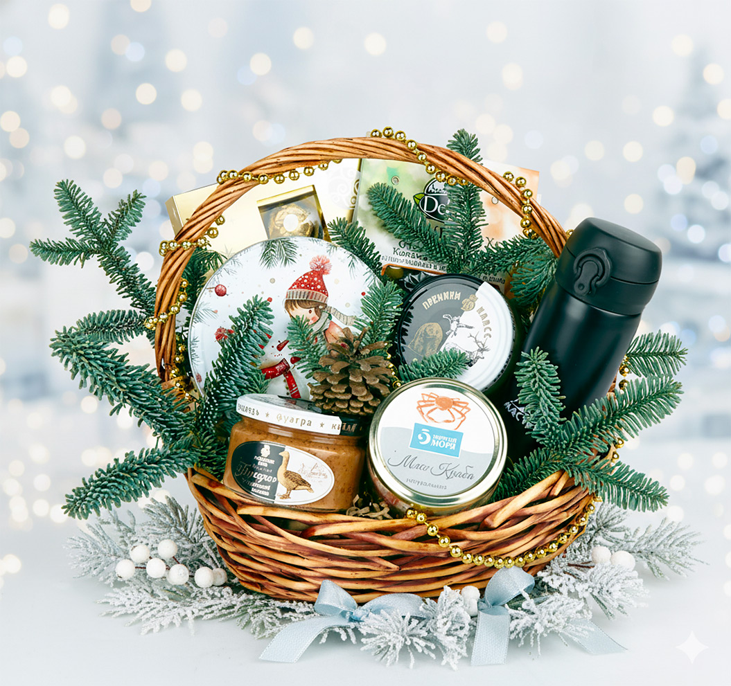 Состав новогодней корзины Тепло: термос, фуагра, краб, оленина, конфеты Ferrero Rocher.