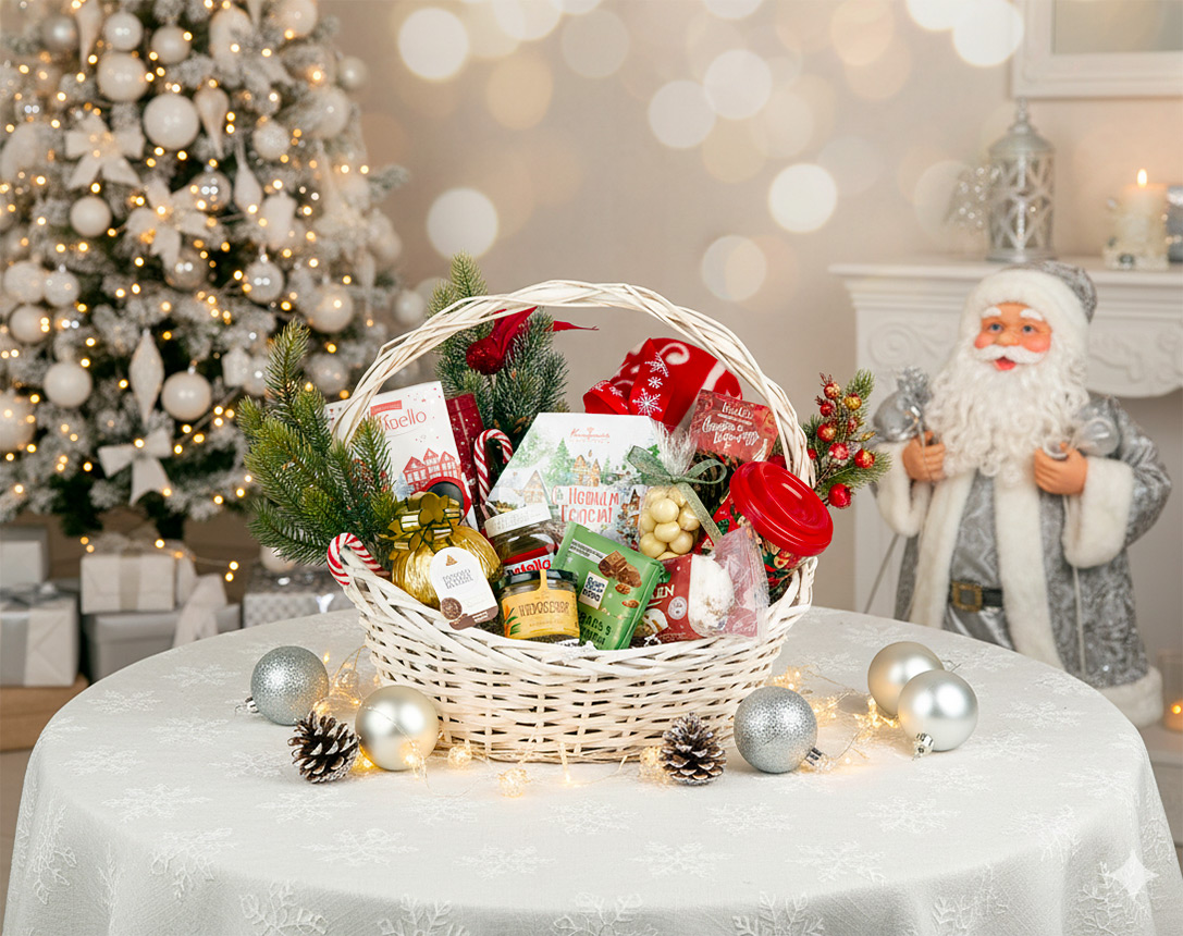 Подарочная корзина Ferrero: новогодний плед, конфеты Ferrero Rocher, Raffaello, Nutella