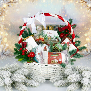 Новогодняя корзина Сладкая метель с конфетами Ferrero, кофе Lavazza и чаем Basilur