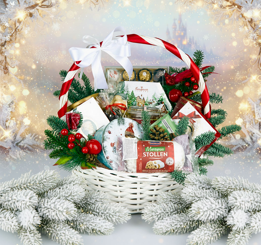 Новогодняя корзина Сладкая метель с конфетами Ferrero, кофе Lavazza и чаем Basilur