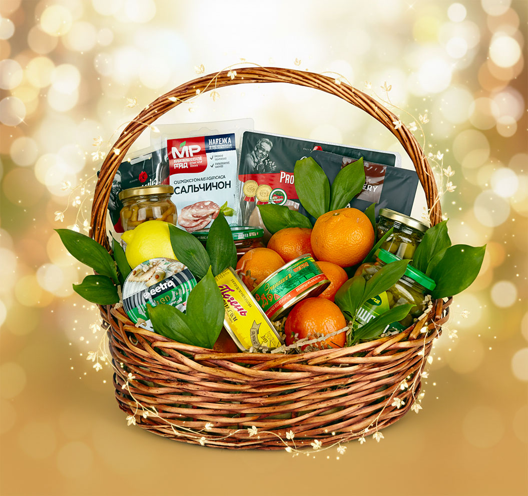 Универсальная гастрономическая корзина Мандаринка с икрой, нарезками и фруктами