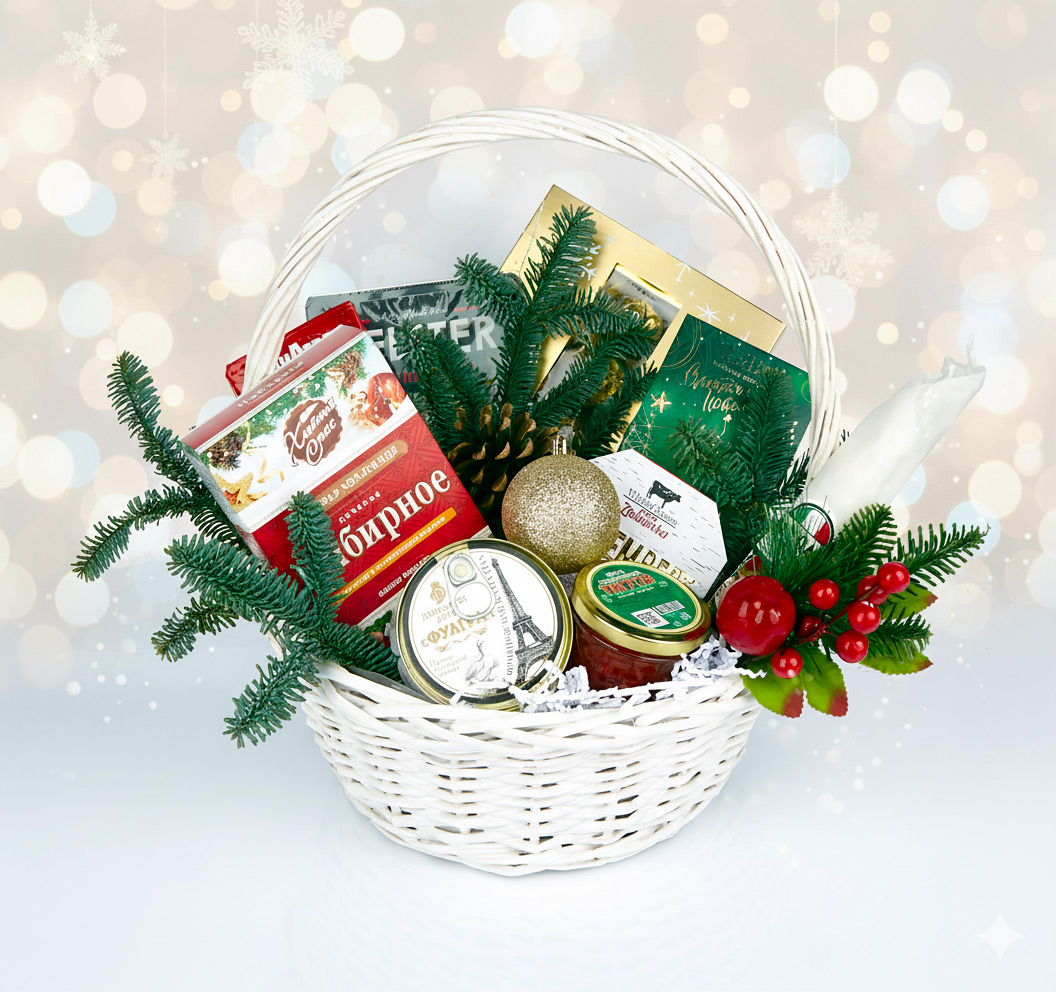 Лососевая икра сыры Камамбер и Пармезан в подарочной корзине