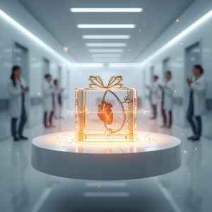 Glowing transparent cube containing a golden heart device on a pedestal in a modern laboratory, scientists clapping in the background.